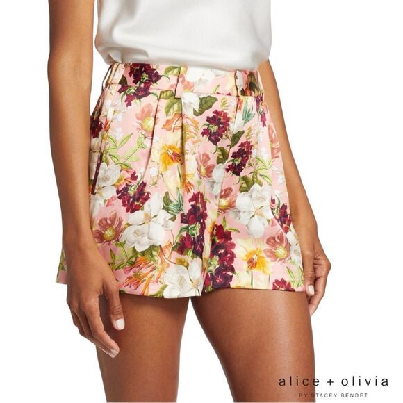 Alice + Olivia *NWT* Conry Conroy Pleated Juniper Rose Floral Print Satin Short - Picture 2 of 14